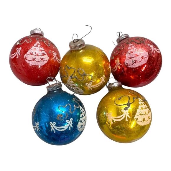 Set 5 West Germany Shiny Brite Christmas Tree Themed Ornaments Vtg Glass Balls - Picture 1 of 12